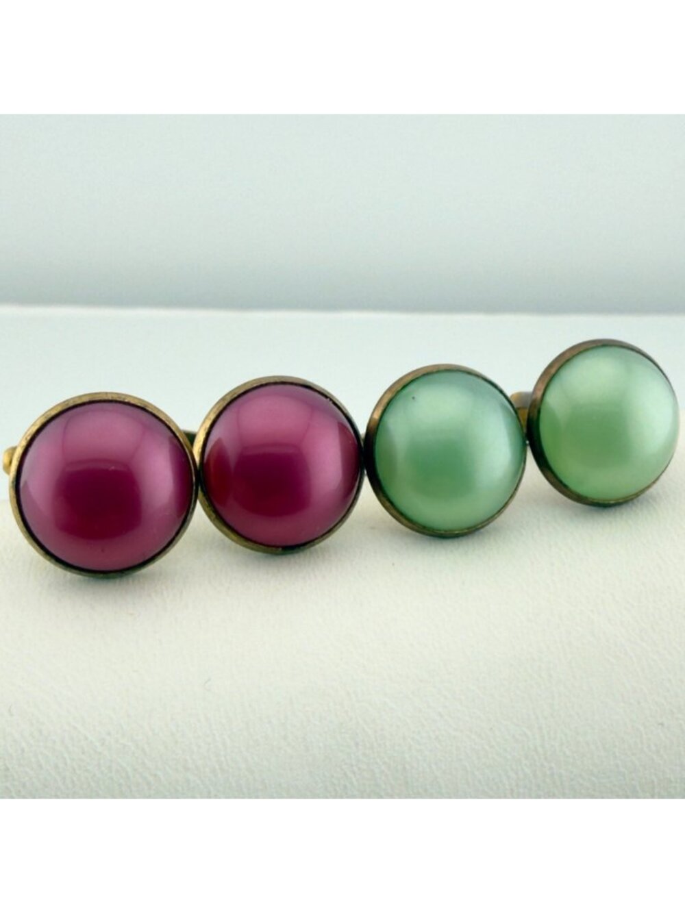 Vintage Round Cabochon Cufflinks Set of 2 Green Pink Mid Century